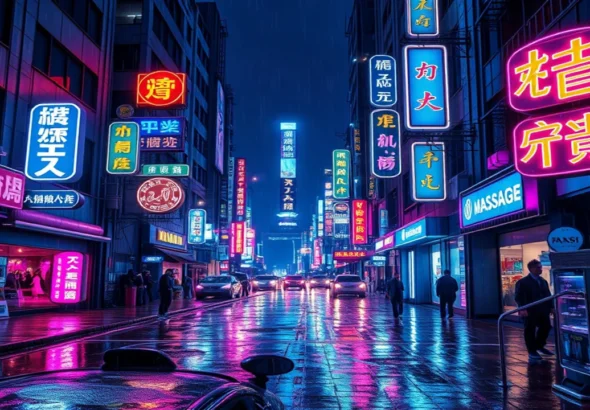 Cyberpunk City Neon Hanzi Massage Sign